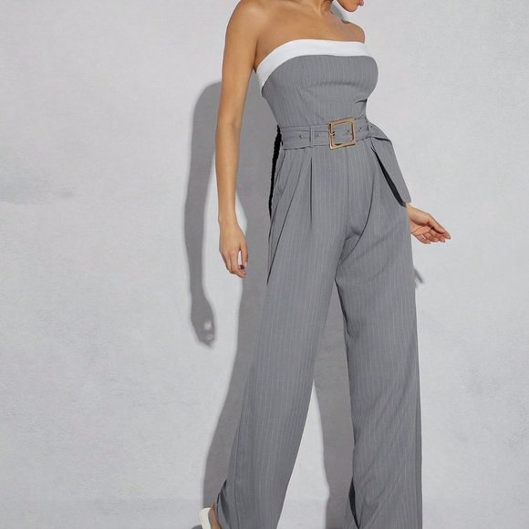 Grey Preppy Womens Pinstriped Tube Belted Jumpsuit - Picture 1 of 5